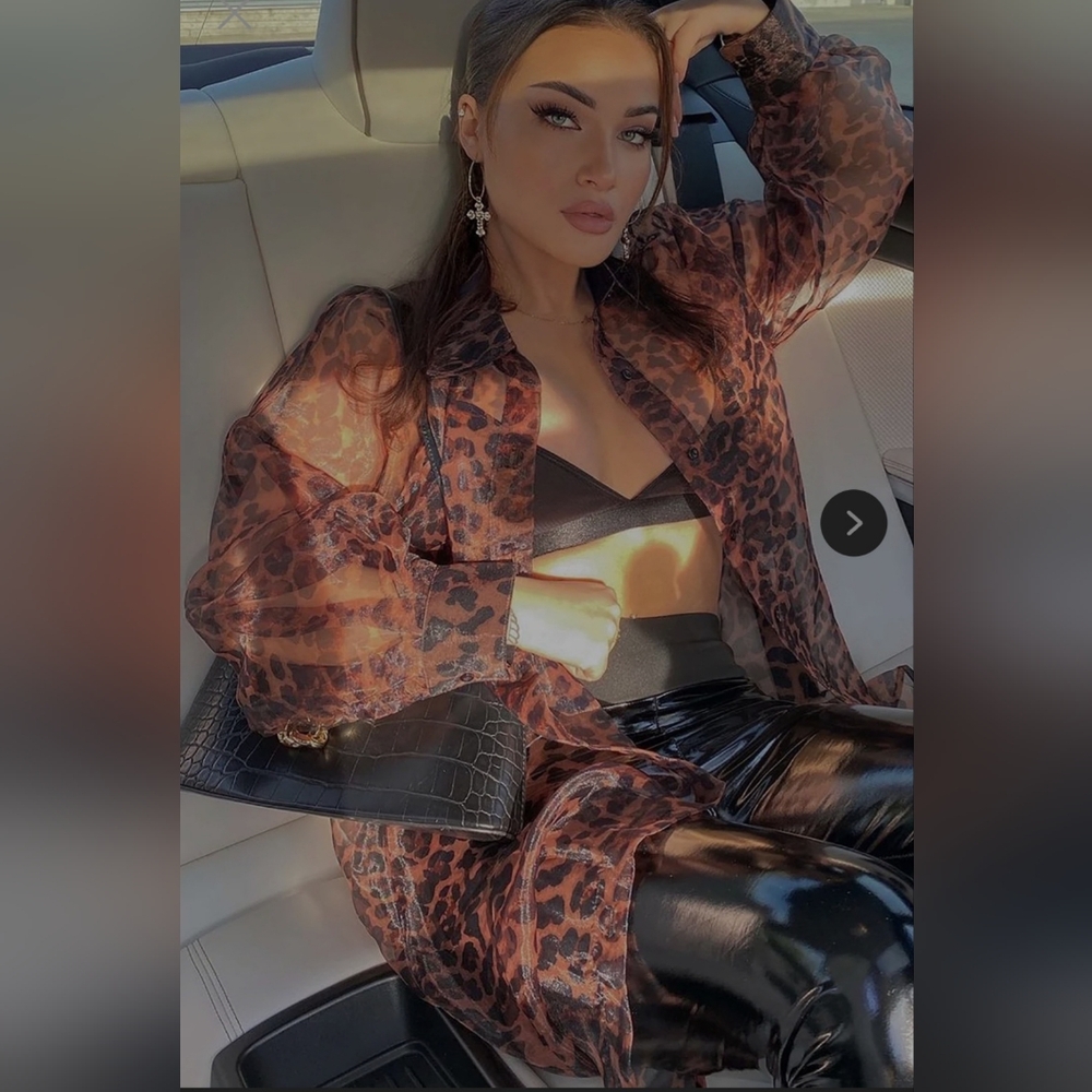 Fashion Nova Brown Leopard Print Sheer Blouse